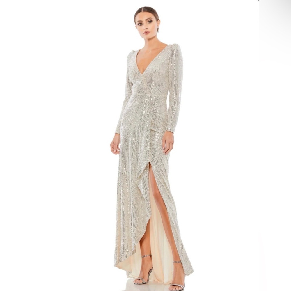 IEENA /MAC DUGGAL NWT Sequin Stretch Wrap Maxi Gown Formal Wedding Party Size 8